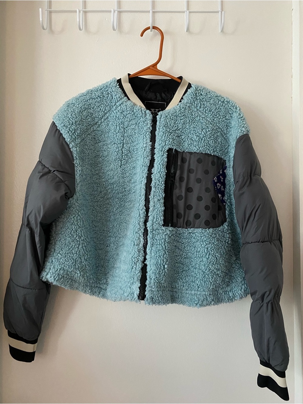 Light Blue Sherpa Bomber Jacket with Gray Sleeve Panels